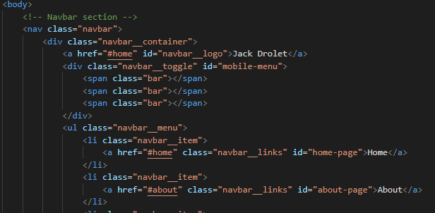 Image of the website's HTML in VSCode